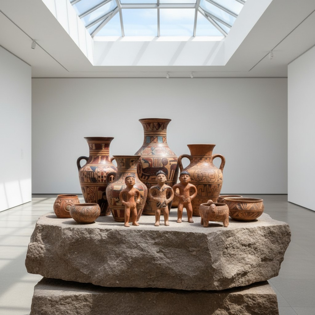 An indoor art gallery, with a collection of clay pottery displayed on a stone pedestal.