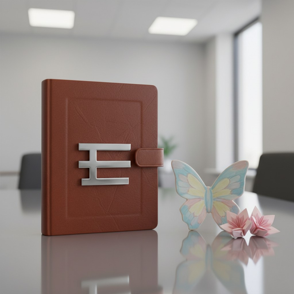 A brown leatherlooking binder with a silver letter "H" on the front. There are decorative items around it, including a col...