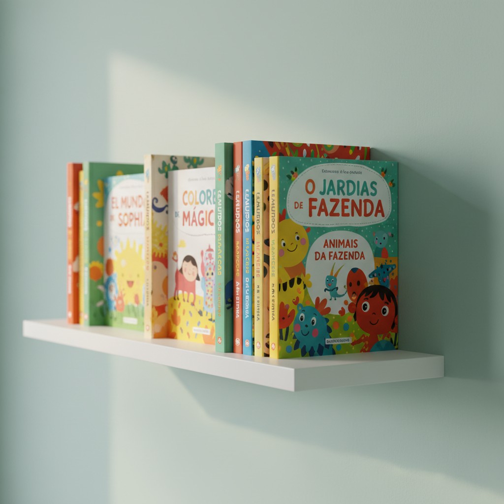 Multiple colour children books in a white shelf. Rainbow shades of covers and spines. Colourful cover illustrations on a w...