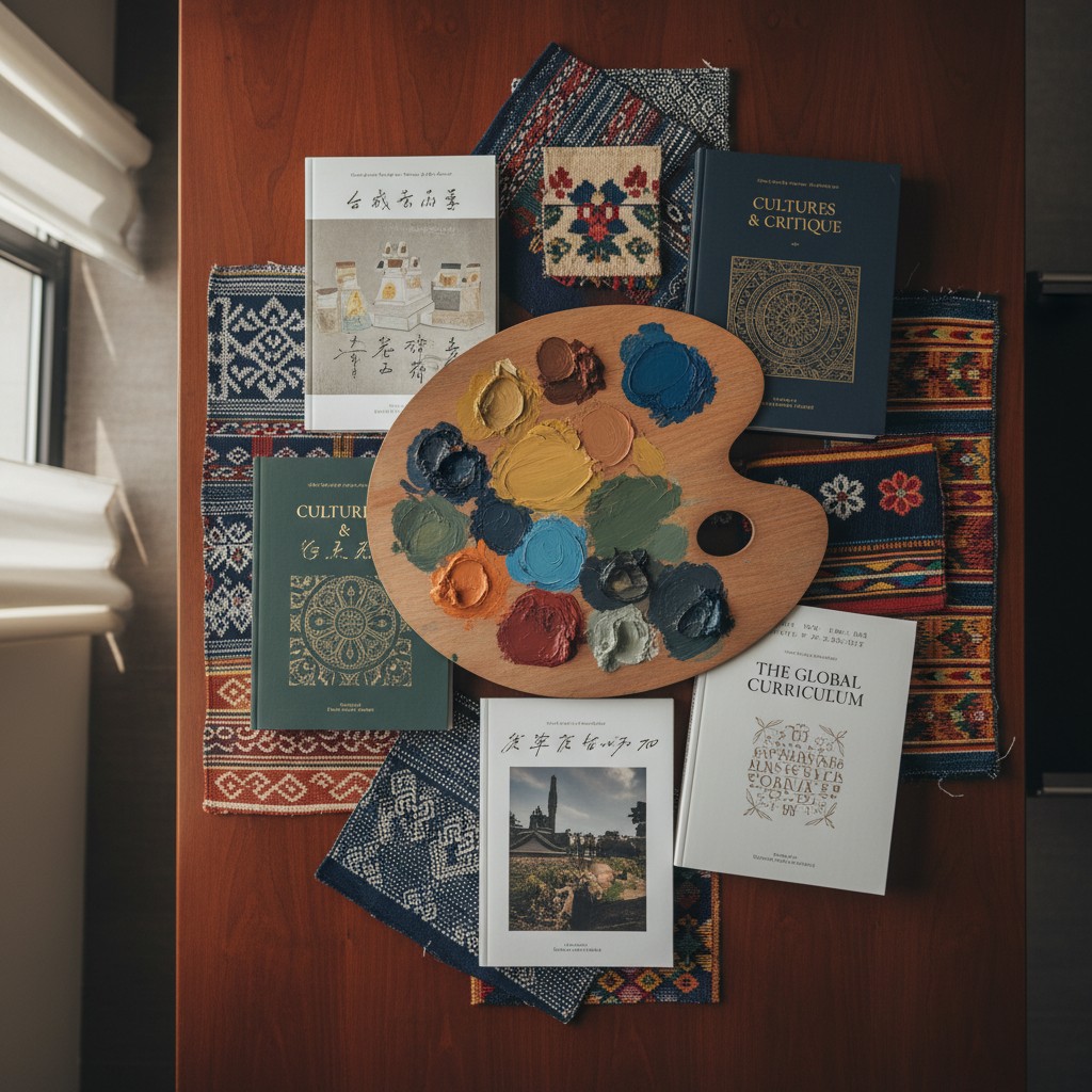 Books and textiles around a wooden palette of paint. The palette sits in the middle and makes a t-shape beside a small rug...