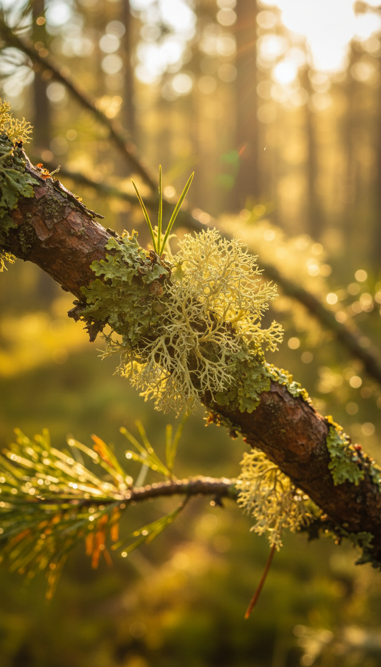 picture of a pine tree with lichen on the branch, colors could be warm greens