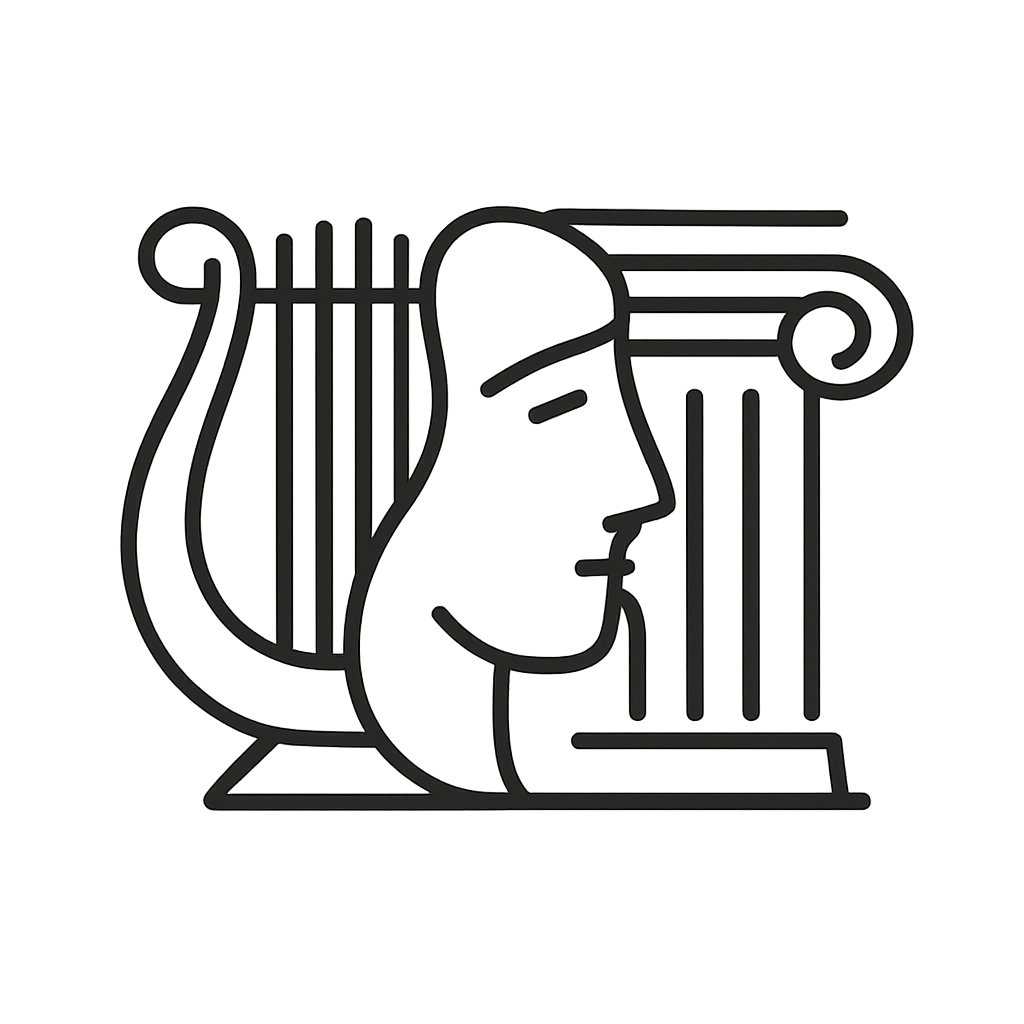 A line drawing of a profile with a harp, evoking themes from ancient Greek culture.
