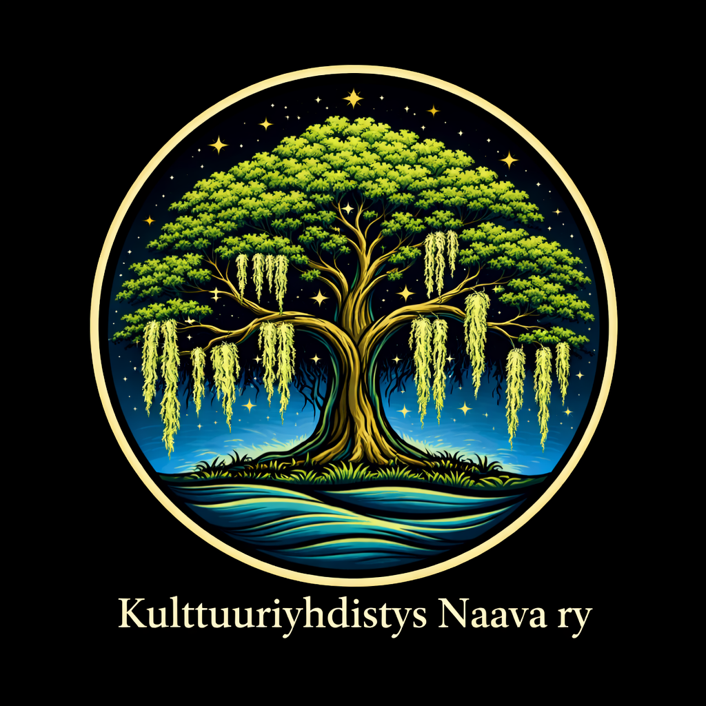 Emblem with paint palette, pencil, flask, atom, theater masks, and an open book